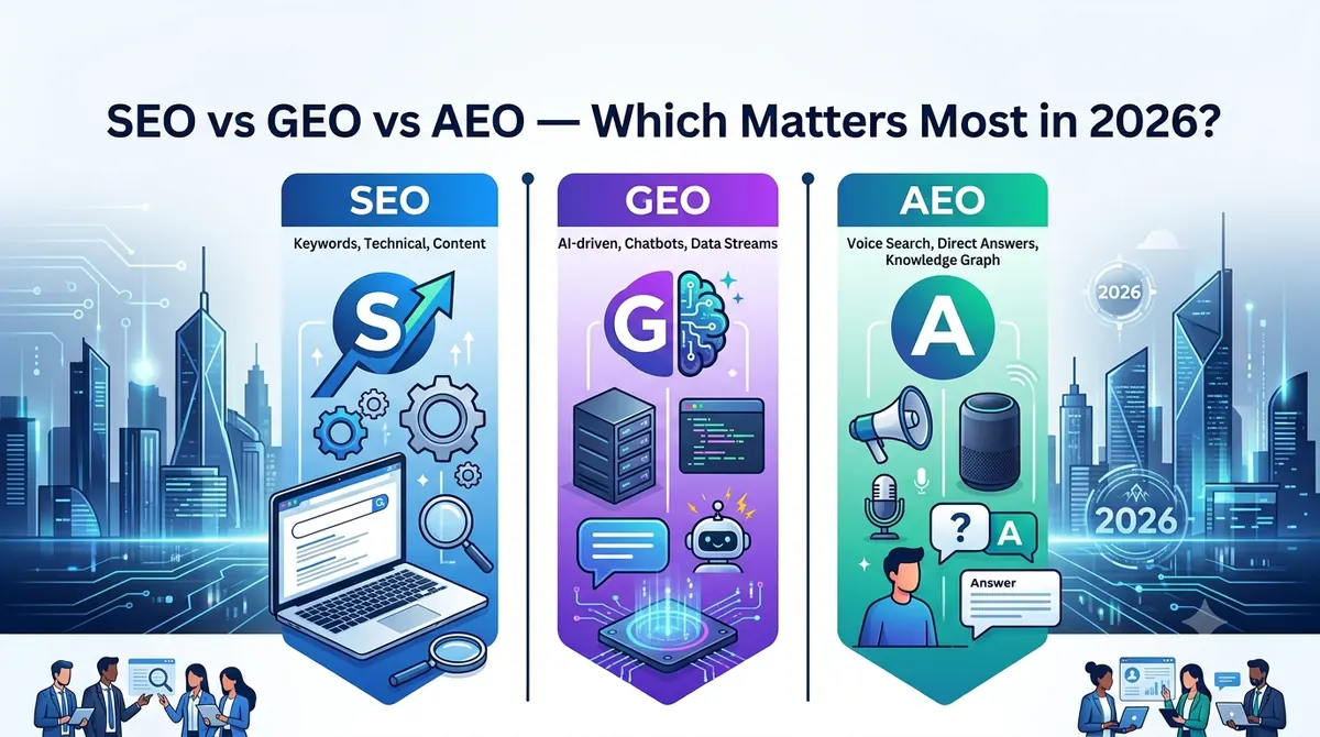 SEO vs GEO vs AEO comparison — which search optimisation strategy matters most for Malaysian businesses in 2026