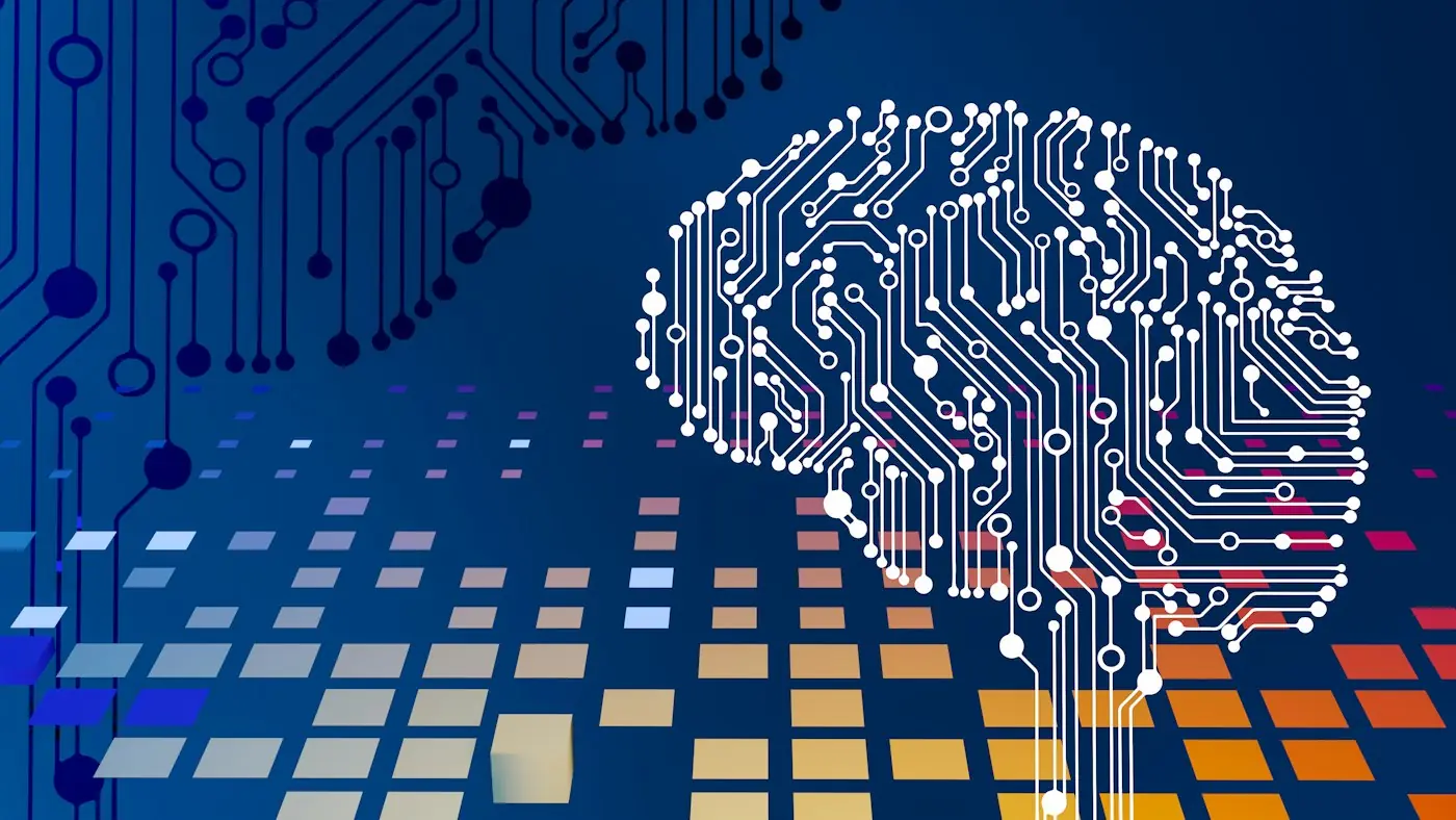 Illustration of a circuit board shaped like a human brain