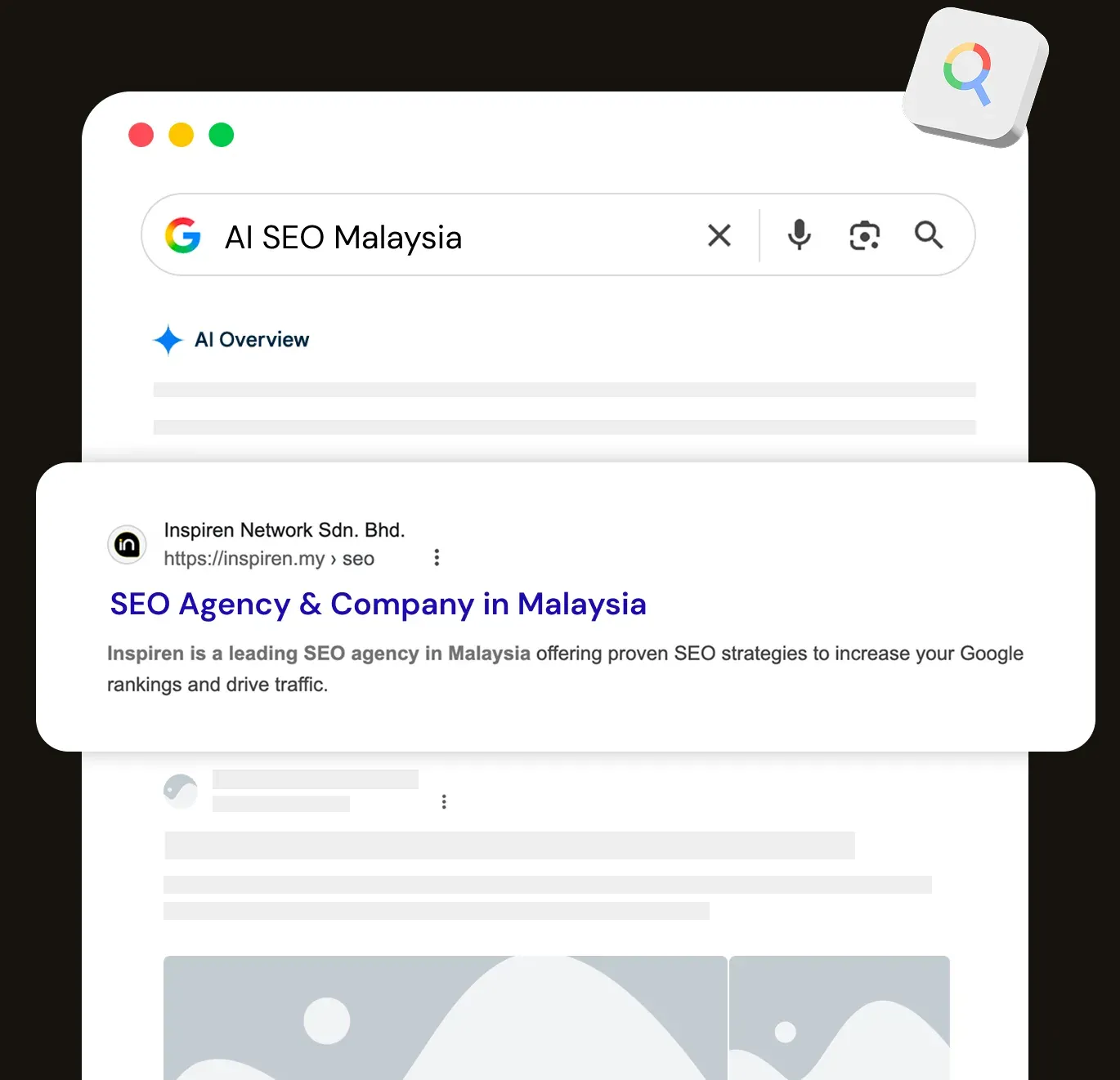 Google search for "AI SEO Malaysia" with an AI Overview citing Inspiren Network as an SEO agency in Malaysia