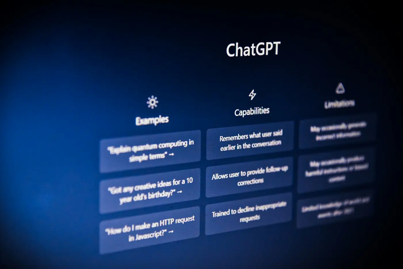 The ChatGPT interface showing example prompts, capabilities and limitations